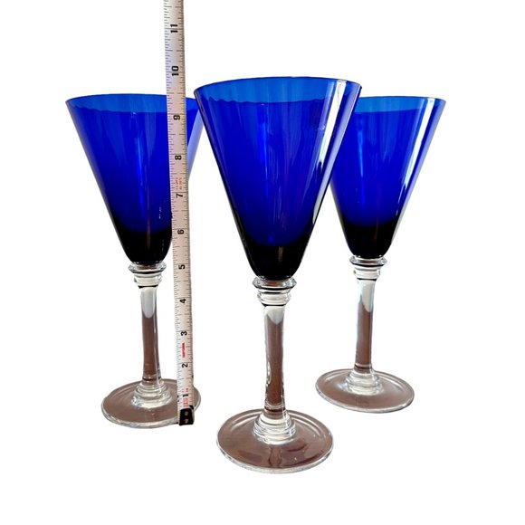 3 Eastern Handmade Cobalt Blue Ribbed Champagne Wine Glasses Stemware 9.5 Inch - Picture 7 of 8